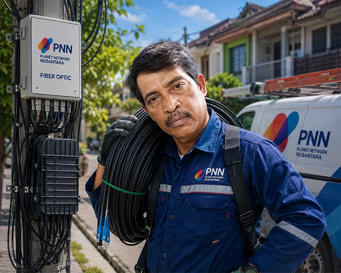 Teknisi membawa kabel fiber optic